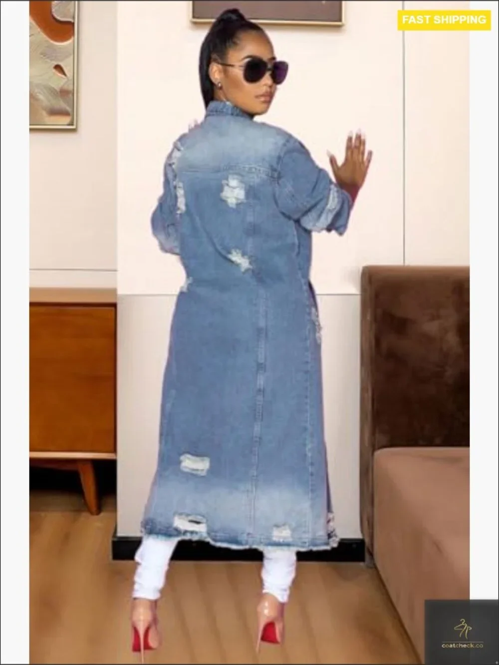 Ripped Maxi Long Denim Jacket Trench Coat Lightweight Vintage Button Down - Picture 5 of 6